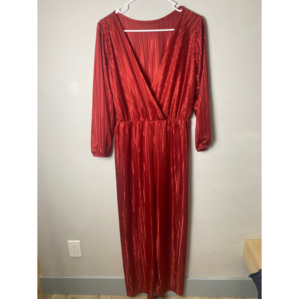 Vintage 70s Red Metallic Pleated Wrap Jumpsuit Long Sleeve Wide Leg Disco  L
